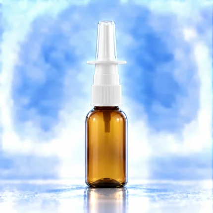 10 mL amber air-dispersal bottle with white pump and clear protective cap