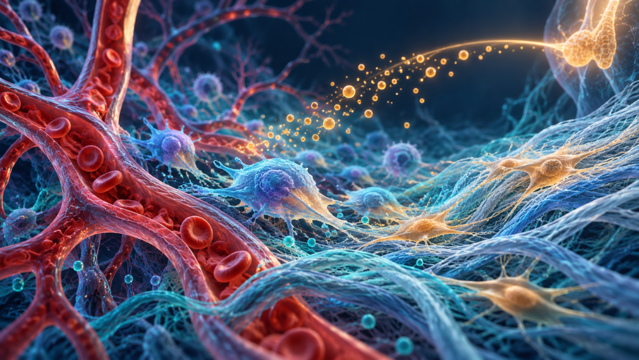 Blood vessels, repair cells, and collagen fibers coordinating tissue repair