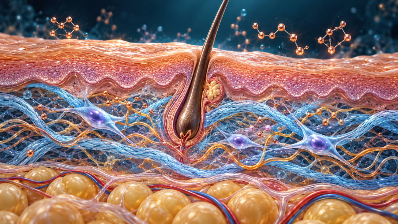 Skin layers, collagen fibers, fibroblasts, and a hair follicle in dermal research