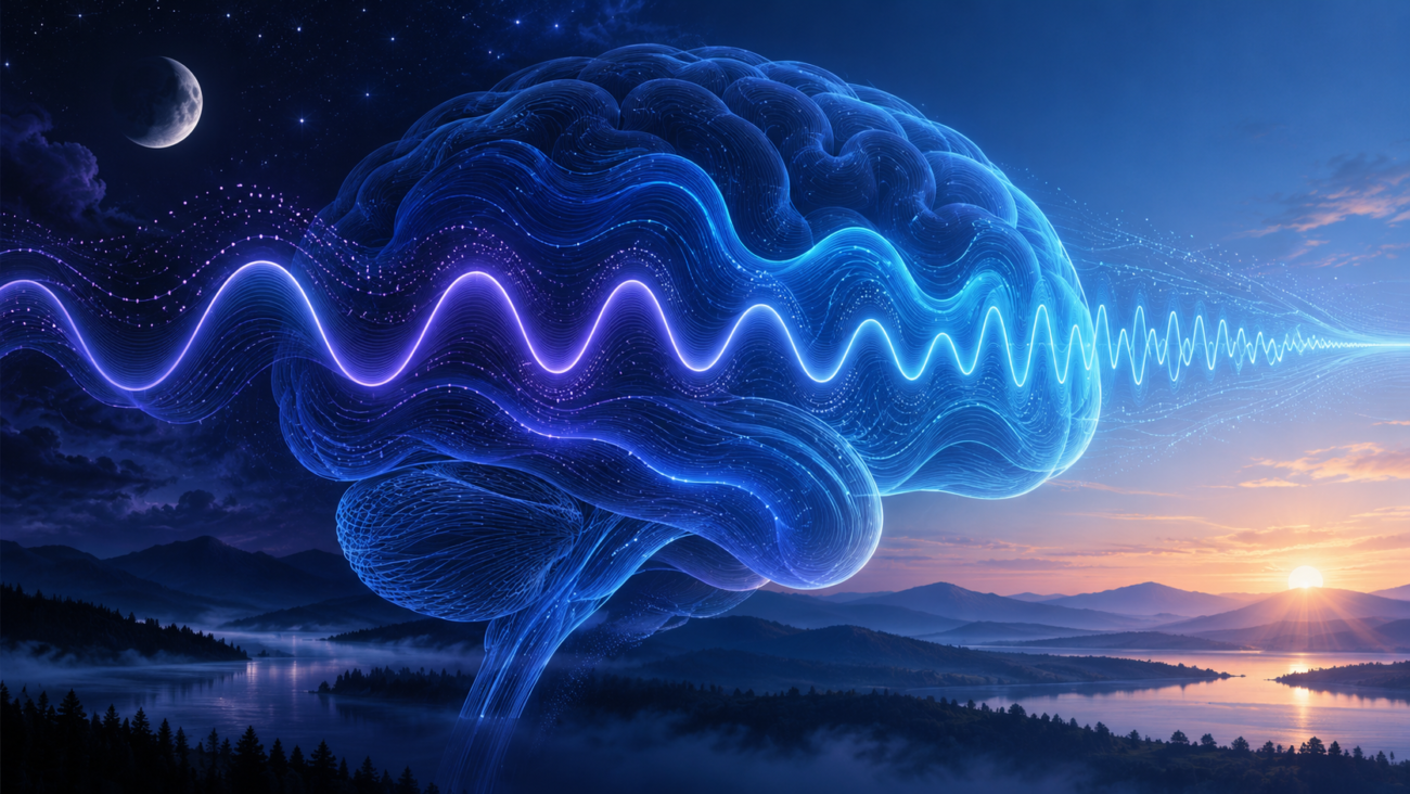 Brain silhouette with sleep-wake electrical wave patterns