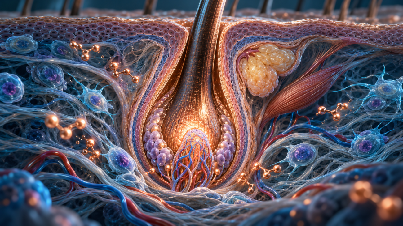 Hair follicle cross-section with dermal papilla, surrounding matrix, and copper-peptide signals