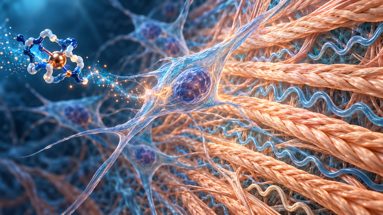 GHK-Cu copper-peptide signaling beside a fibroblast and reorganized skin matrix fibers