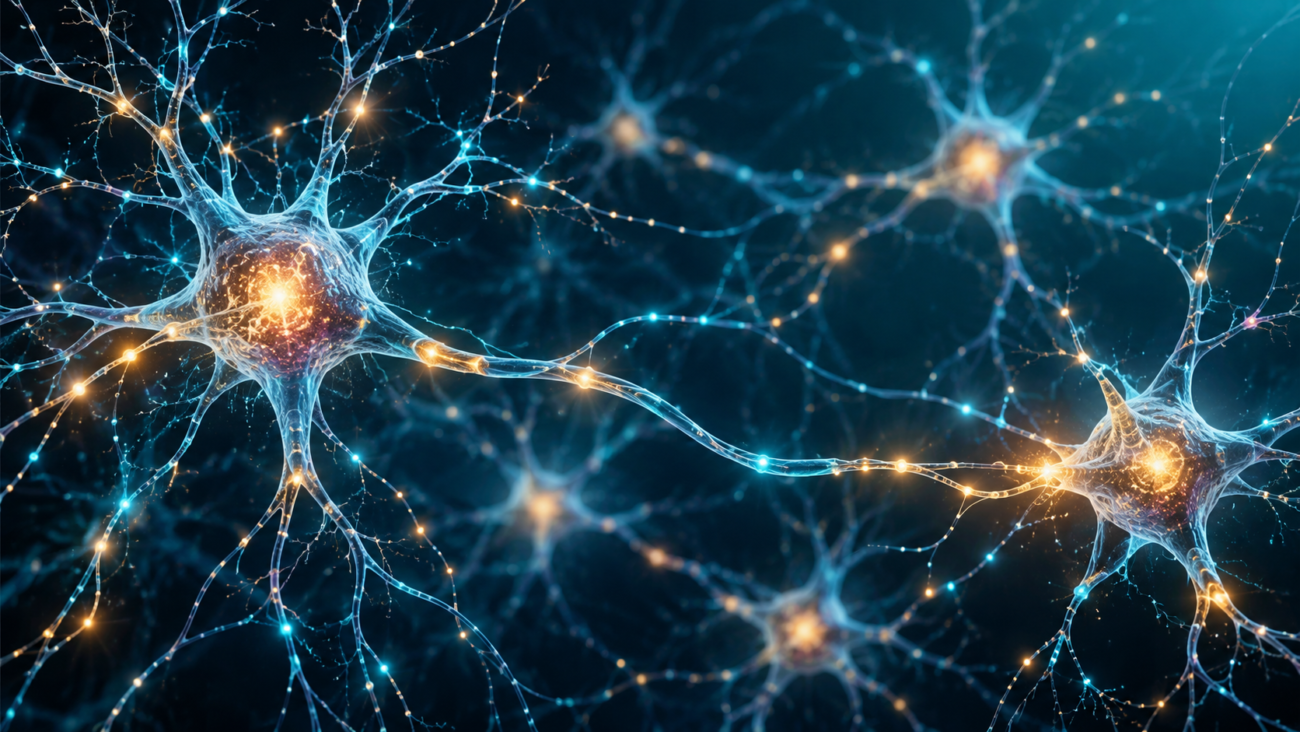 Neural network with connected blue and amber signaling pathways