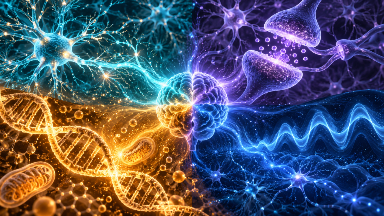 Four connected neuroscience research pathways surrounding a brain