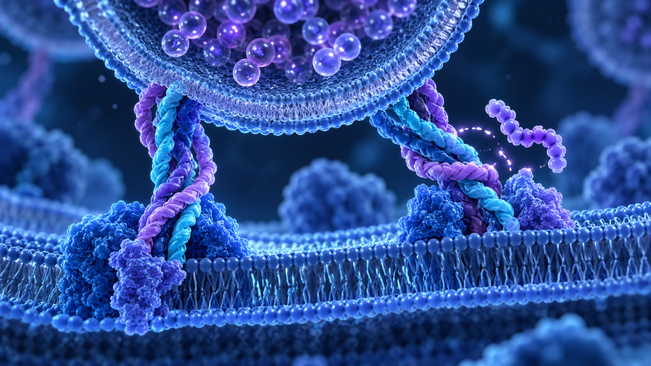 Cell membrane vesicle docking and SNARE proteins with a short SNAP-8 peptide interrupting assembly